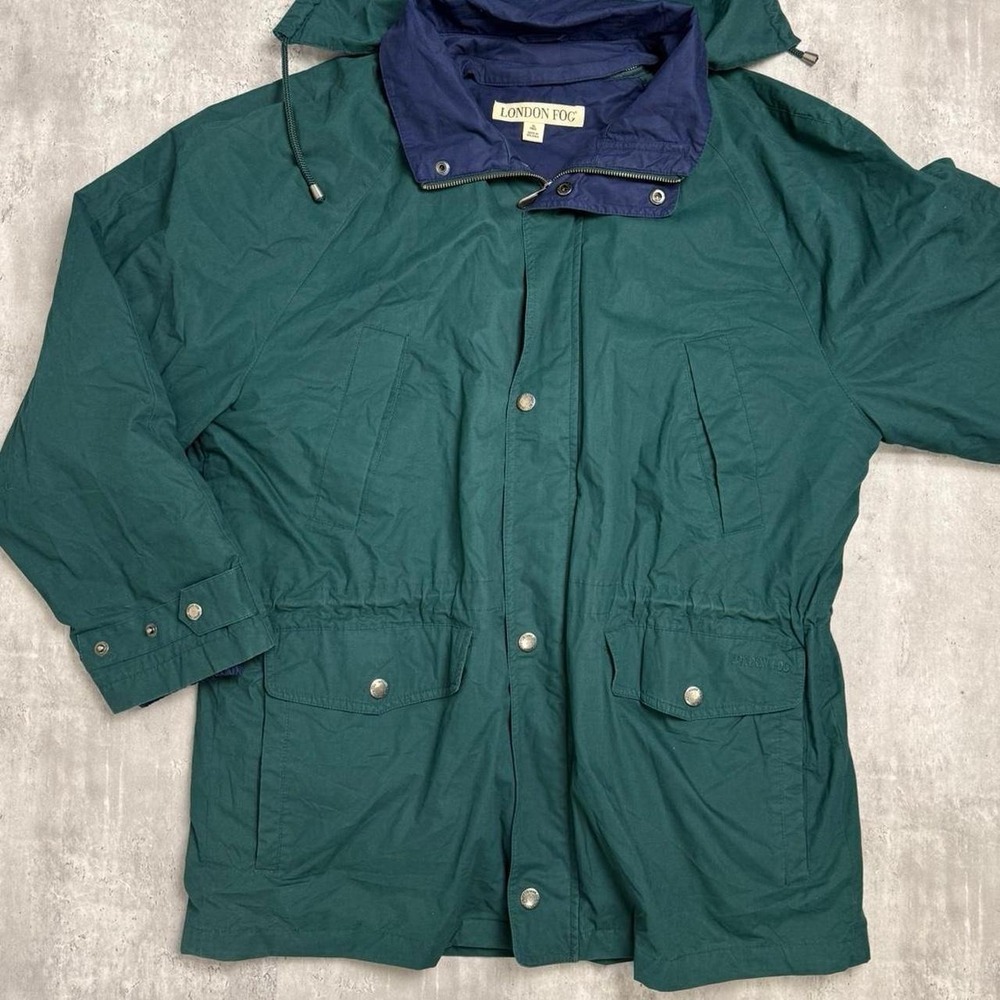 London Fog Mens Vintage Green Puffer Jacket Removable Quilted Lining Hood XL